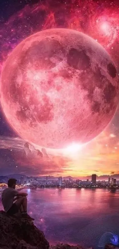 Vibrant pink moon overlooking a city at night, surrounded by cosmic scene.