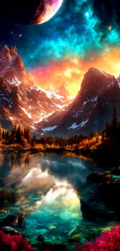 Fantasy cosmic mountain scene with vibrant colors and a reflective lake.