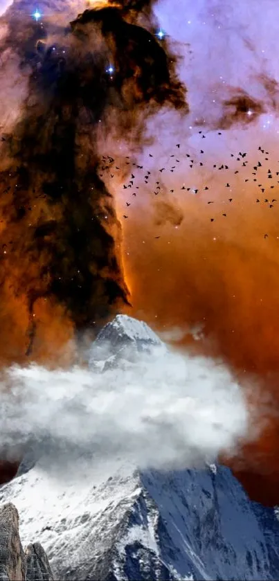Cosmic mountain scene with vibrant colors and galactic clouds.