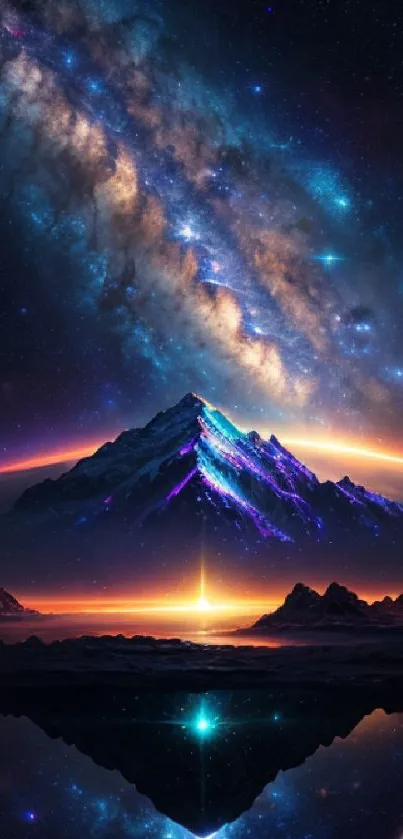 Majestic mountain under a vibrant galaxy in a cosmic landscape wallpaper.