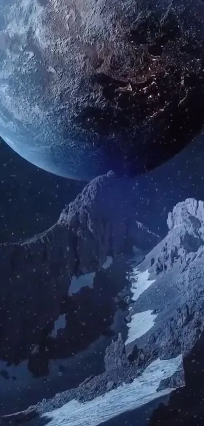 Cosmic wallpaper with a planet and rocky mountains under a starry sky.