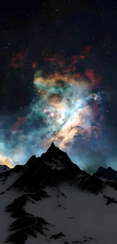 Majestic mountain with cosmic sky and stars at night.