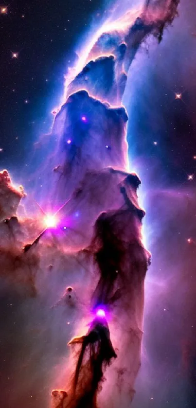 Colorful cosmic nebula in space with glowing stars.