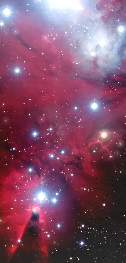 Crimson nebula with stars in a cosmic wallpaper.