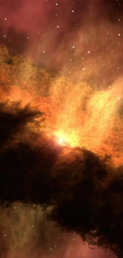 Fiery cosmic nebula with vivid hues and starry backdrop.