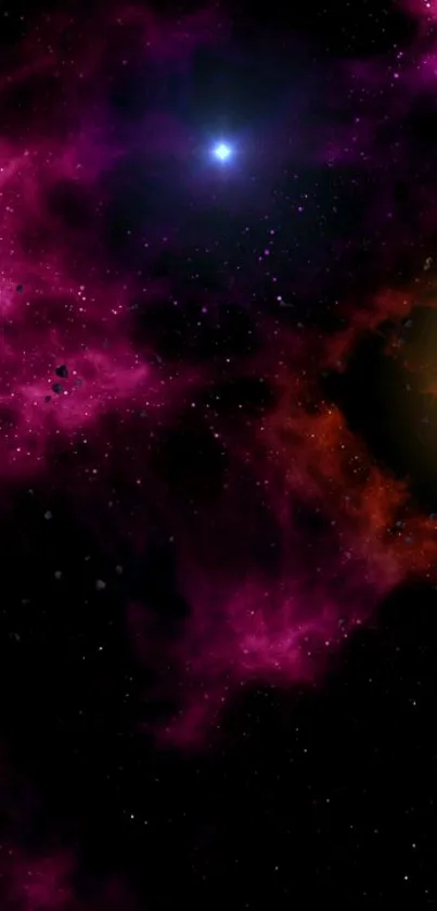 Vibrant purple and orange nebula in space with stars.