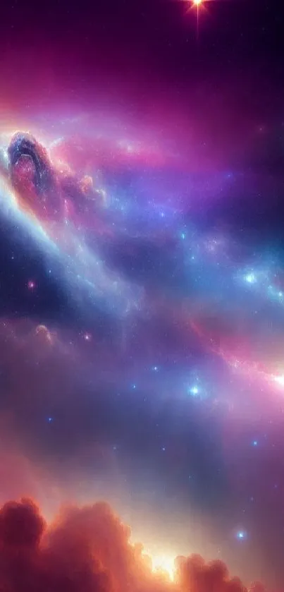 A vibrant cosmic nebula wallpaper with stars and colorful clouds.