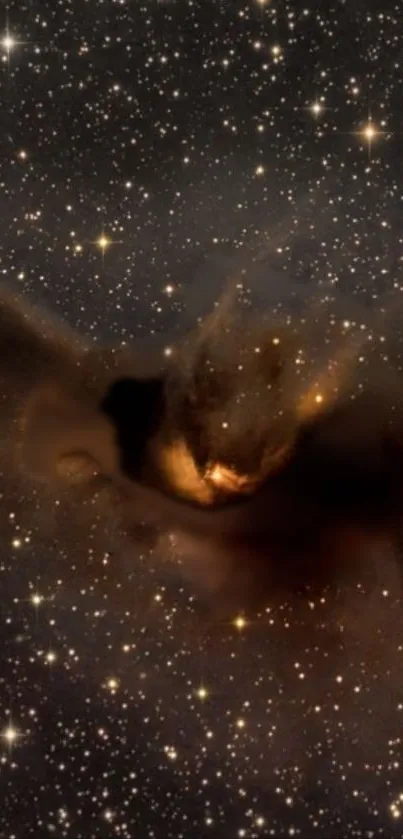 A breathtaking view of a cosmic nebula with shimmering stars and dark cosmic clouds.