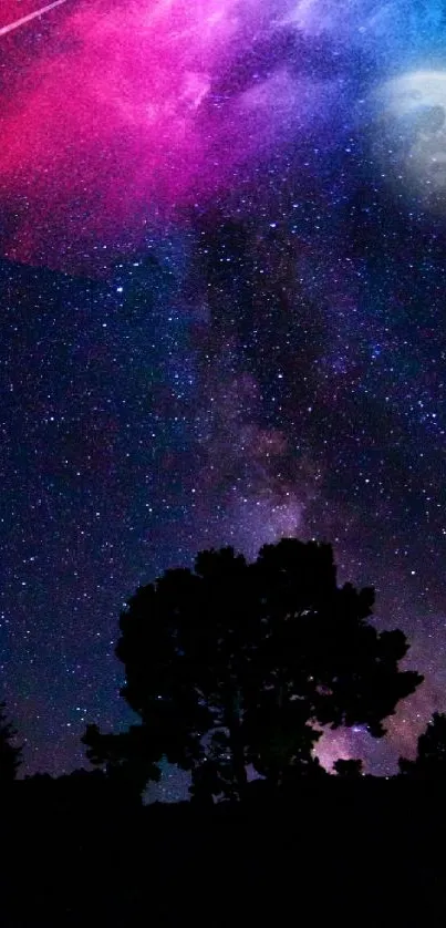 Cosmic night sky with nebula clouds and glowing moon.