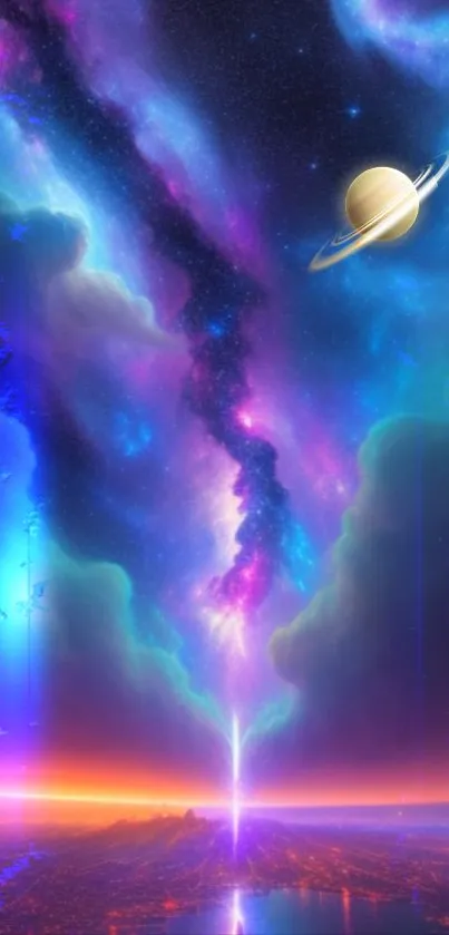 Cosmic wallpaper with vibrant nebulae and a planet in the night sky.