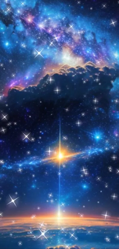 Vibrant cosmic night sky wallpaper with stars and nebula clouds.
