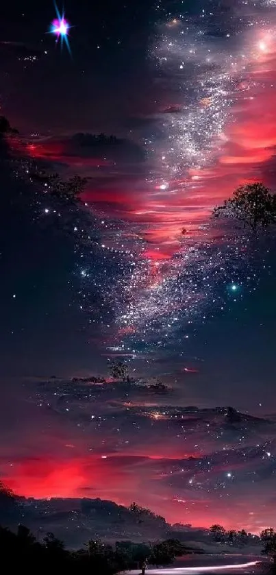 Cosmic night sky with red hues and stars reflected in a river.