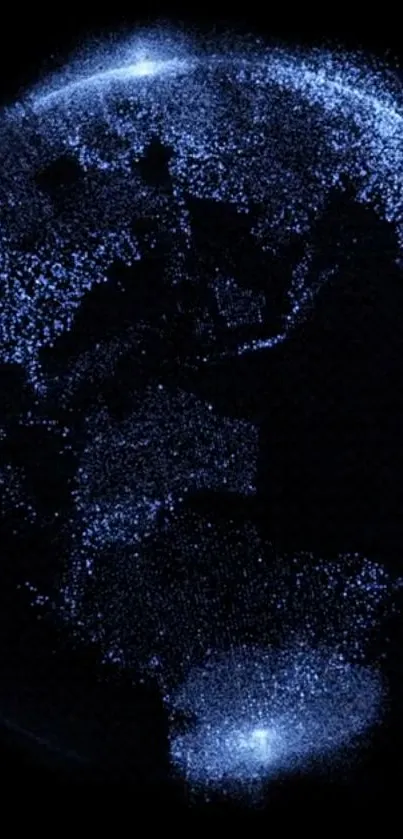 Cosmic night view of Earth with glowing blue lights.