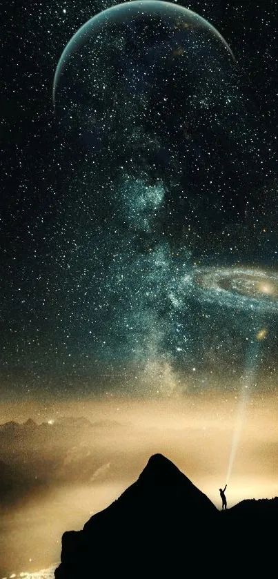 Silhouette under a cosmic night sky with stars and planets.