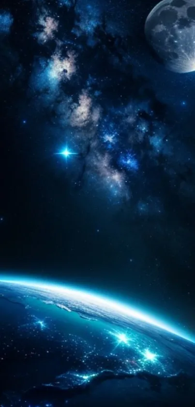 Deep blue galaxy wallpaper with Earth and moon.