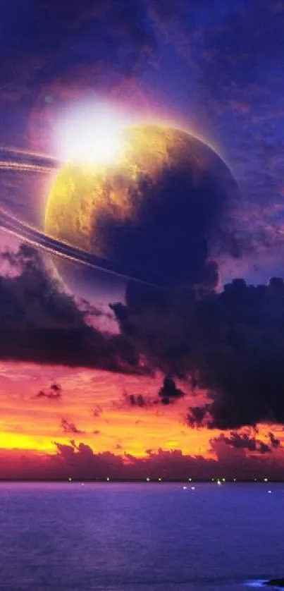 Vivid cosmic ocean wallpaper with purple sky and planetary rings.