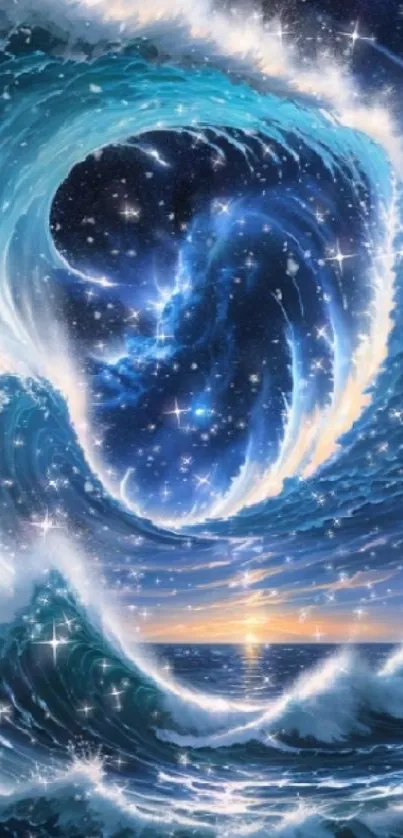 Cosmic ocean wave with stars and sky.