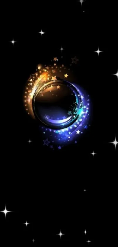 Enchanting cosmic orb with blue and gold swirls on a black background.