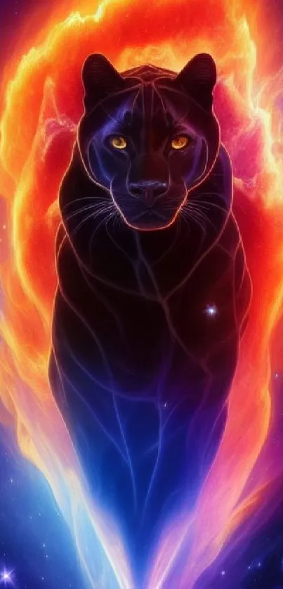 Cosmic panther art with vibrant fiery colors and celestial background.