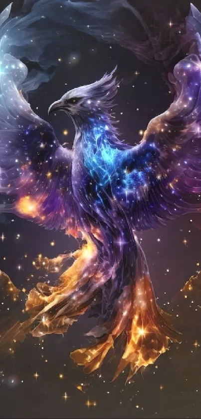 Cosmic phoenix art with vibrant celestial colors on a starry background.