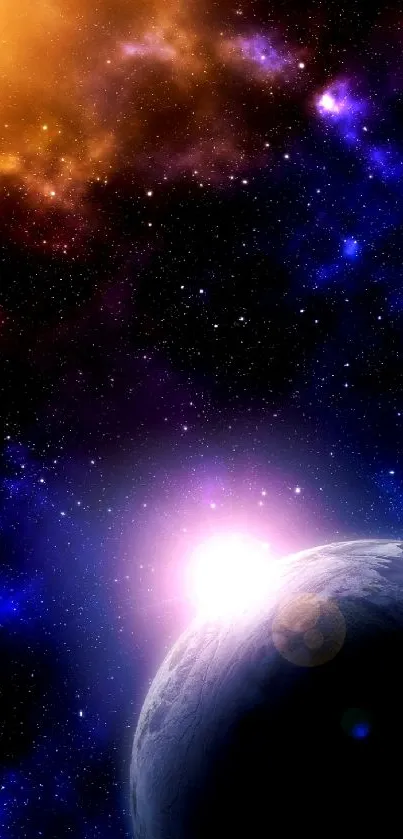 Cosmic mobile wallpaper with planet and nebula.