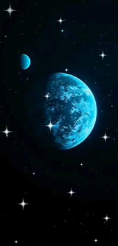 Mobile wallpaper featuring a glowing blue planet with a starry background.