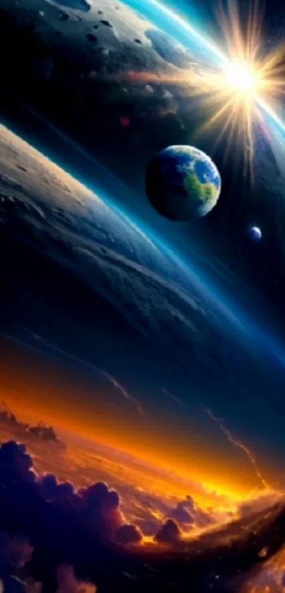 Earth viewed from space with sunrays and vibrant colors.