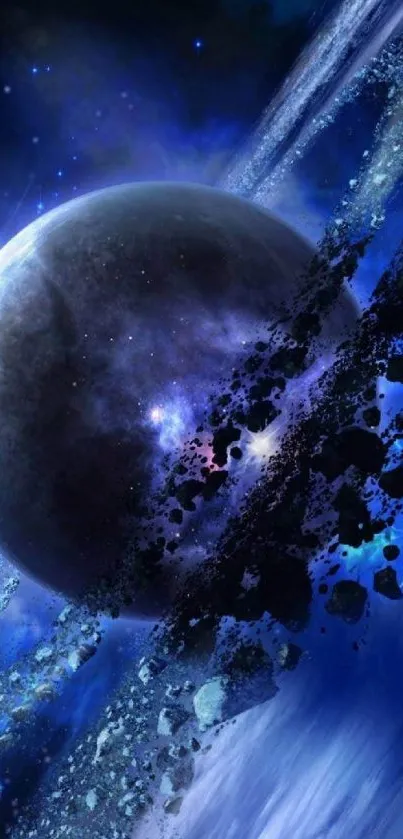 Cosmic scene of a planet with rings and vibrant blue hues.