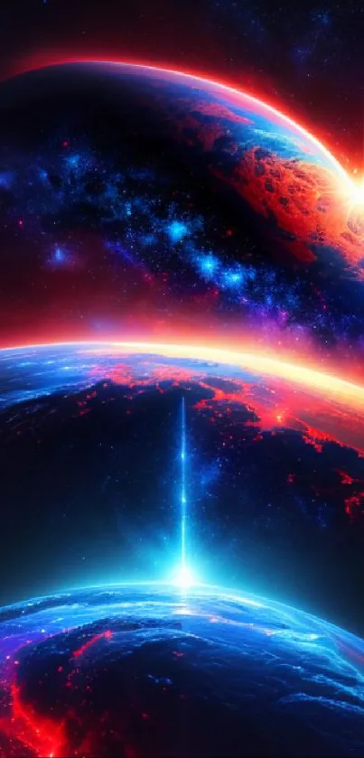 Cosmic planet wallpaper with vibrant red and blue hues, featuring distant stars.