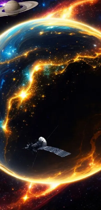 Stunning cosmic planet wallpaper featuring vibrant colors and a distant spacecraft.