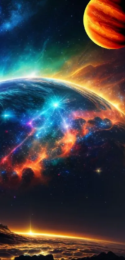 A vibrant cosmic scene with planets and colorful galaxies.