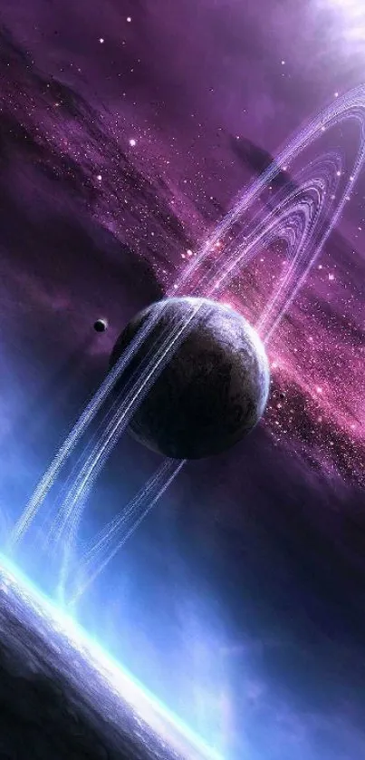 Mobile wallpaper featuring a purple ringed planet against a cosmic background.