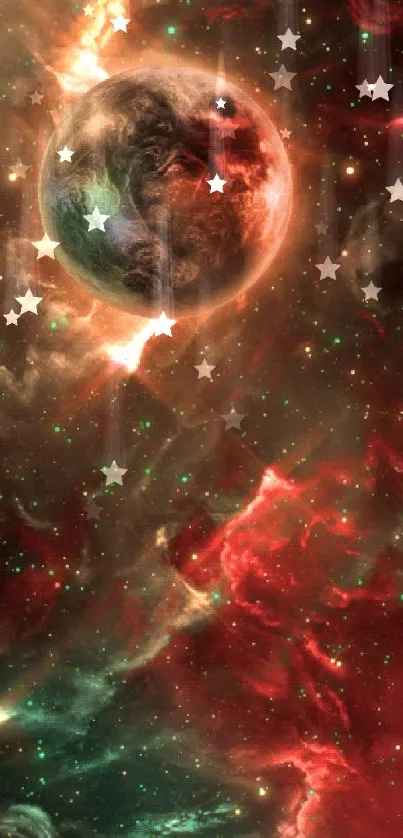 Cosmic scene with mysterious planet, featuring vivid red and green nebulae.