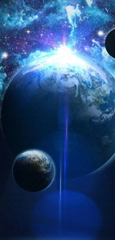 Vivid blue cosmic scene with planets and stars.