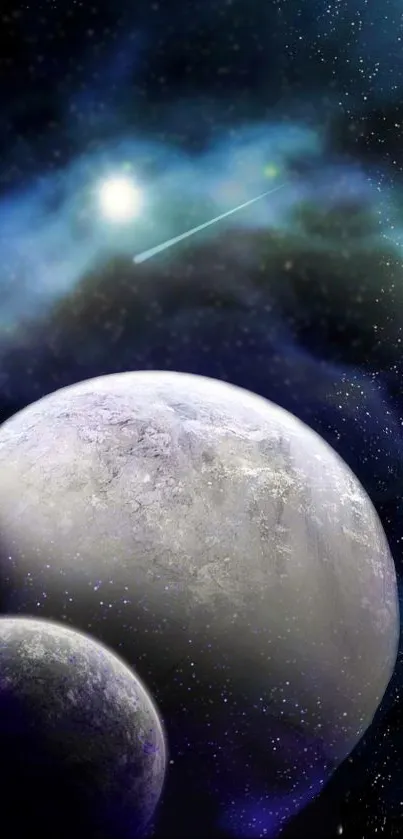 Two icy planets in a dark starry space with a cosmic background.