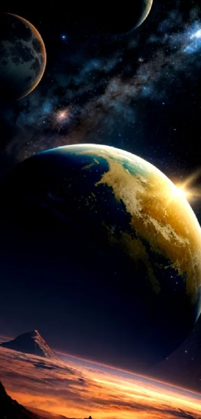 Cosmic planet wallpaper with vibrant space scene and planets.