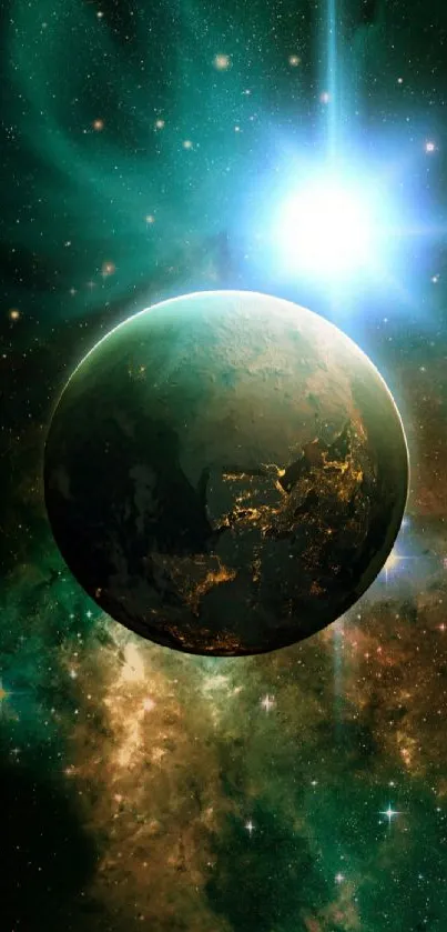 A vibrant green cosmic wallpaper featuring a planet with a glowing backdrop.