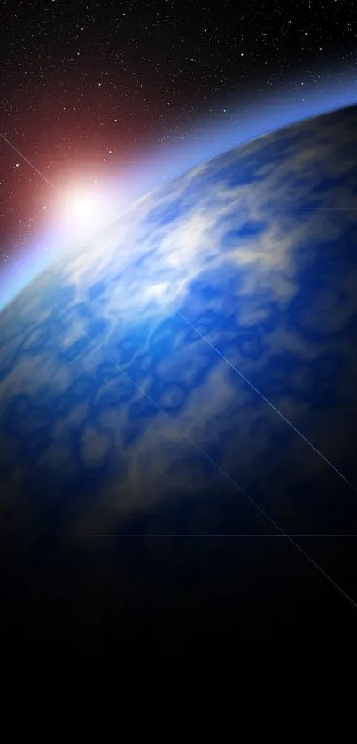 Beautiful cosmic wallpaper of a blue planet with sun and stars.