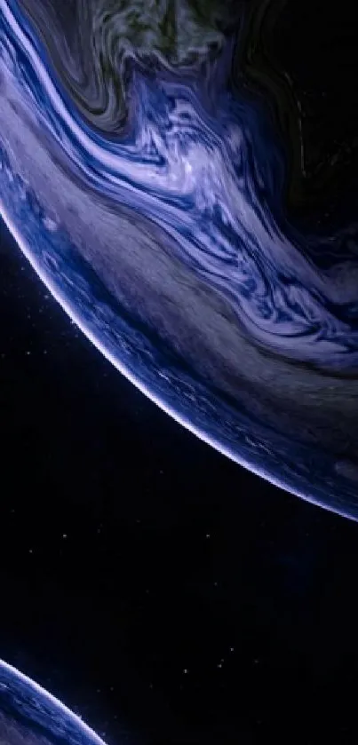 Mobile wallpaper featuring swirling blue cosmic planet set against a dark universe backdrop.