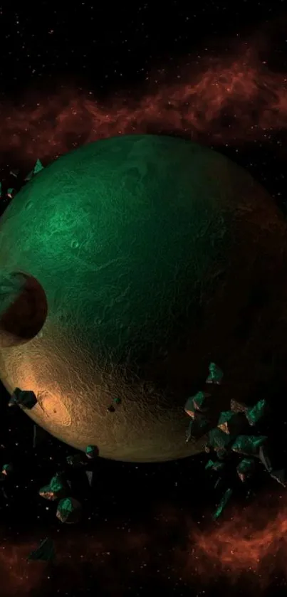 Green planet with asteroids in cosmic space, ideal for mobile wallpaper.