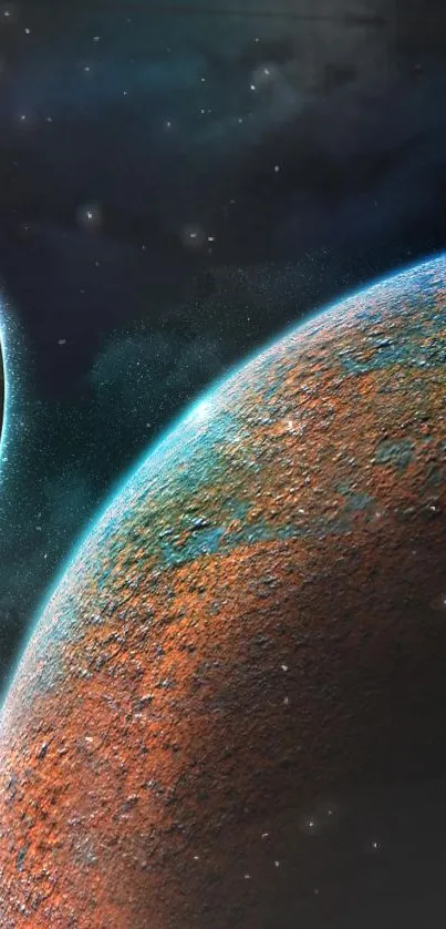 Cosmic wallpaper featuring colorful planets against a dark space background.