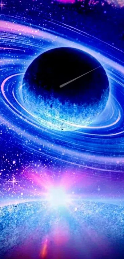 Blue cosmic wallpaper with planet rings in vivid space.