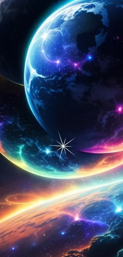 Vibrant cosmic wallpaper with planets and stars.