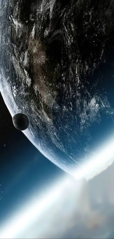 Cosmic planet view with earth from space, perfect for mobile wallpaper.