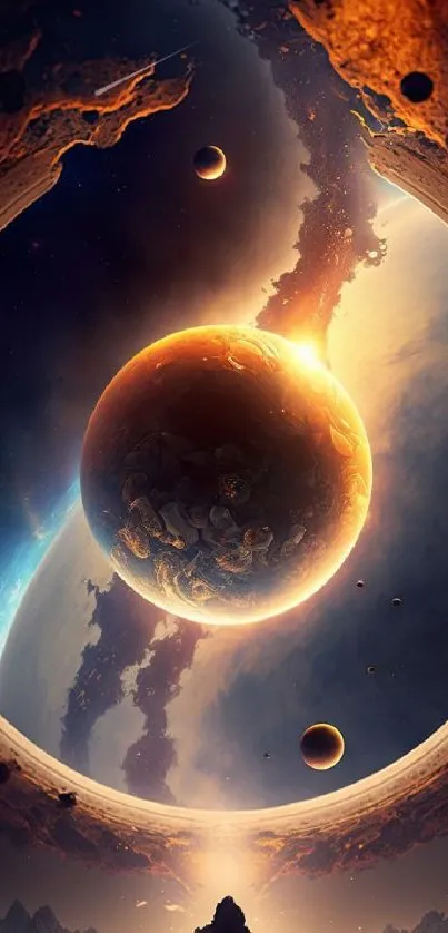 A stunning cosmic scene with planets and galaxies in vibrant digital art.