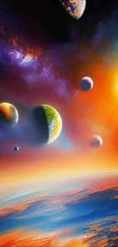 Vivid cosmic scene showcasing colorful planets and vibrant celestial sky.