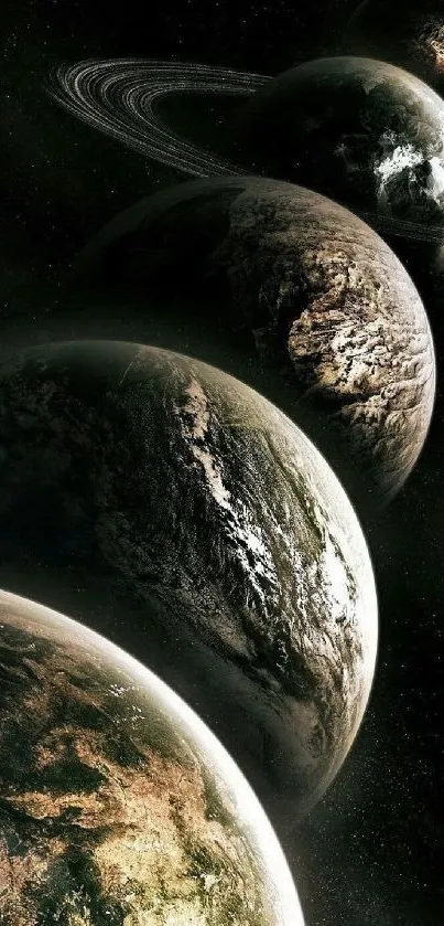 Realistic planets aligned in cosmic space wallpaper.