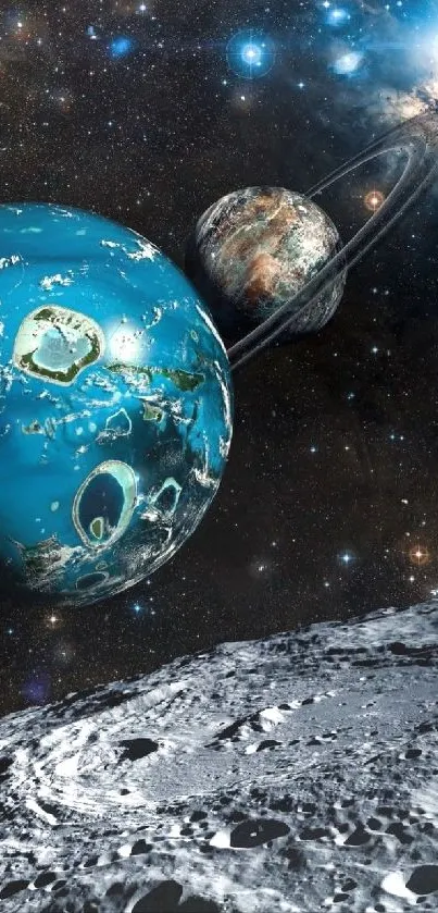 Cosmic scene with vibrant planets and stars.
