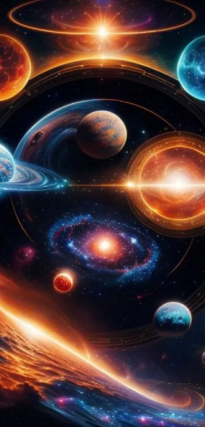 Colorful cosmic wallpaper with planets and galaxies.