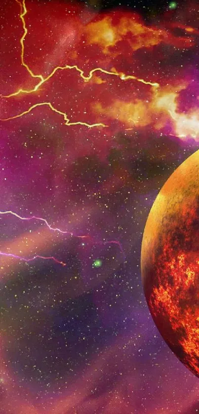 Vivid cosmic wallpaper with red planets and electric lightning.